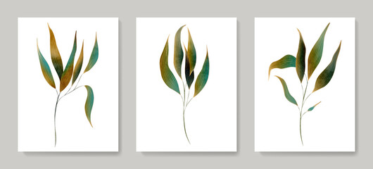Fototapeta premium Abstract luxury art background with tree leaves with golden elements in line style. Botanical watercolor set with exotic leaves for decoration, print, wallpaper, textile, packaging.