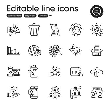 Set of Science outline icons. Contains icons as Success business, Report document and Trash bin elements. Chemistry molecule, Histogram, Microscope web signs. World medicine, Coronavirus. Vector