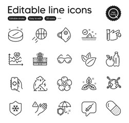Set of Healthcare outline icons. Contains icons as Vaccine message, Medical mask and World vaccination elements. Healthy food, Dont touch, Basketball web signs. Skin care, Capsule pill. Vector