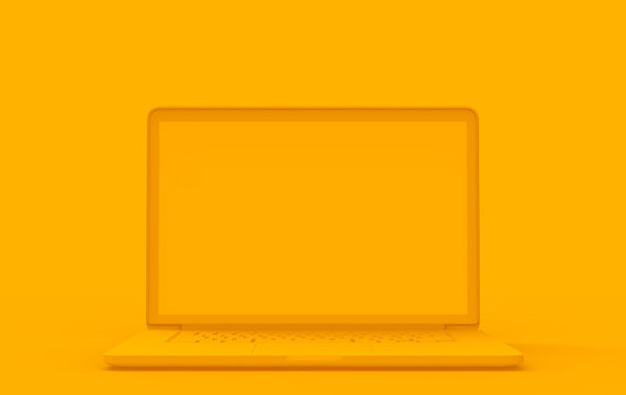 Laptop yellow color on yellow backgrounds. Minimal object computer mockup business online concept. 3D rendering.