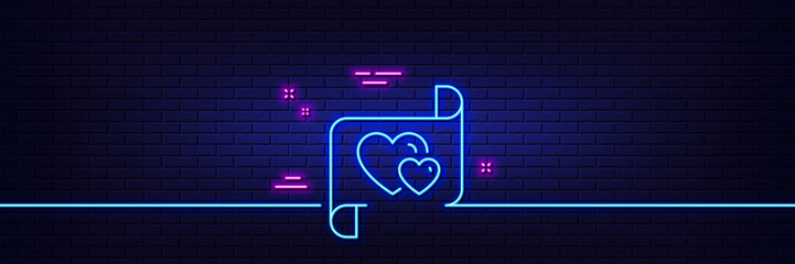 Neon light glow effect. Love letter line icon. Heart mail sign. Valentine day symbol. 3d line neon glow icon. Brick wall banner. Love letter outline. Vector