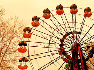 Ferris wheel in the abandoned Pripyat ghost town, Chernobyl exclusion zone, old amusement park.