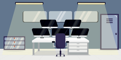 Vector illustration of modern interior security office. Cartoon interior with multiple monitors for security cameras, desk, gun cabinet, bedside table.
