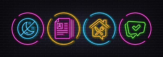 Insomnia, Cv documents and Food delivery minimal line icons. Neon laser 3d lights. Approved icons. For web, application, printing. Stop sleep, Portfolio files, Home food. Chat message. Vector