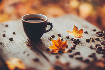 kopje koffie en boombladeren en koffiebonen op houten tafel in de herfst