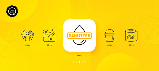 Fototapeta na wymiar Bucket, Toilet paper and Hold t-shirt minimal line icons. Yellow abstract background. Hand sanitizer, Cleanser spray icons. For web, application, printing. Vector