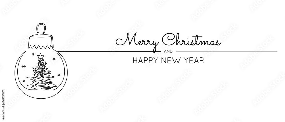 Poster one continuous line drawing of christmas ball and snow globe with tree and star. magic glass sphere 