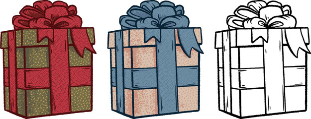 Clip art with present box in vintage style, Texture print. Christmas Vector illustration of gift