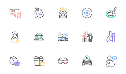 Court building, Surprise package and Eu close borders line icons for website, printing. Collection of Reject refresh, Sunglasses, Group people icons. Truck delivery, Online question. Vector