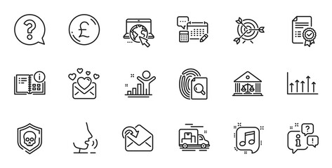 Outline set of Cyber attack, Winner and Musical note line icons for web application. Talk, information, delivery truck outline icon. Include Instruction info, Internet, Receive mail icons. Vector