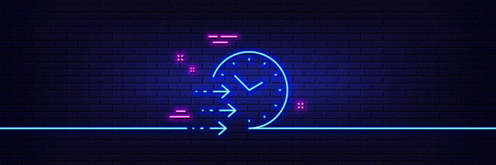 Fototapeta Neon light glow effect. Delivery time line icon. Express courier sign. Fast shipping symbol. 3d line neon glow icon. Brick wall banner. Delivery time outline. Vector obraz