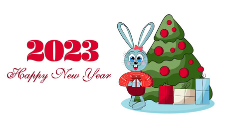 Illustration for the new year 2023. Year of the rabbit, cat. Rabbit with gifts under the Christmas tree.