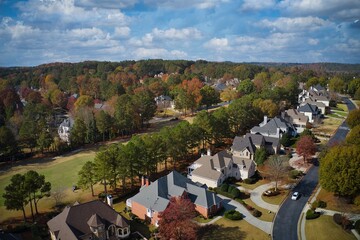 Aerial view of an upscale Sub division in suburbs of Atlanta shot during fall of 2022