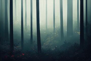 Fototapeta premium Misty fog in pine forest on mountain slopes. Color toning.