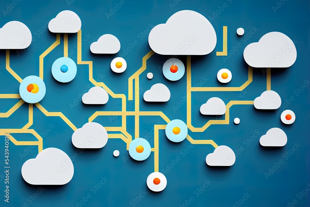 Poster storage technology concepts transfer data to cloud computing platforms. a large cloud icon stands ou