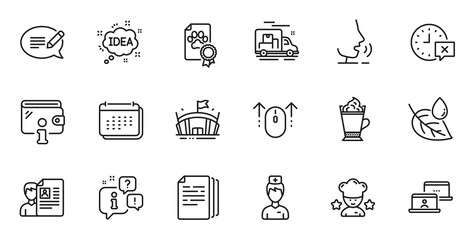 Outline set of Dog certificate, Best chef and Wallet line icons for web application. Talk, information, delivery truck outline icon. Include Arena, Job interview, Doctor icons. Vector