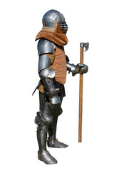 Medieval knight in armor stands with a battle axe.