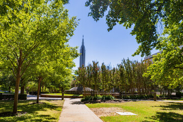 Sunny exterior view of the campus of University of Arkansas