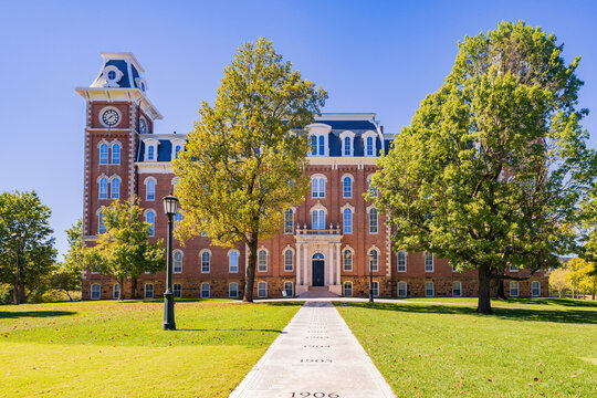 Sunny exterior view of the Old Main of University of Arkansas