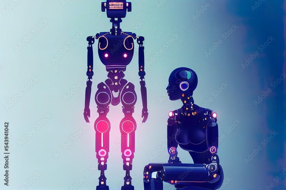 Aufkleber woman cyborg or robot with ai knelt down on futuristic platform in cyberspace. artificial intelligen
