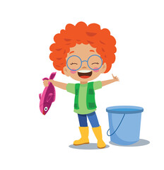 cute happy fisherman boy fishing