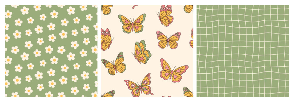 Groovy butterfly, daisy, flower. Hippie 60s 70s seamless patterns. Waves, checkerboard, mesh backgrounds in retro style. Y2k aesthetic. Fashion design, textile, fabric collection.