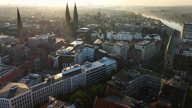 Bremen, Germany. Aerial View on Historical Center of Bremen, Marktplatz at Sunrise.