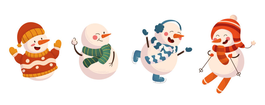 Set Of Cute Snowmen Characters Wear Knit Clothes, Funny Winter New Year And Christmas Personages Playing Snowball