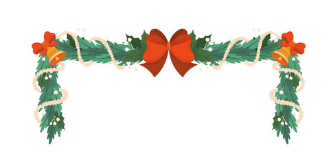 Traditional Christmas Garland with Red Bows, Gold Bells and Tinsel Isolated on White Background. Xmas Spruce Decor © Anna Syvak