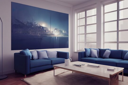 3d render illustration digital painting interior living room dark blue sofa table coffee table lighting and large windows