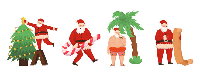 Set of Funny Santa Claus Character, Winter Holiday Personage in Traditional Red Costume Decorate Tree, Relax on Beach