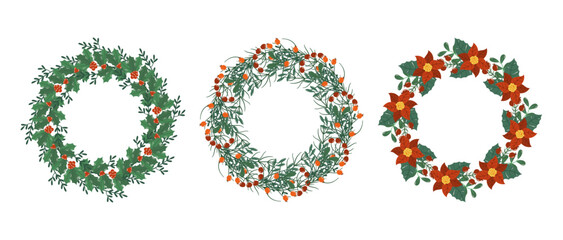 Christmas Tree Wreaths Isolated Design Elements, Festive Winter Decoration of Plants, Fir or Pine Branches, Leaves