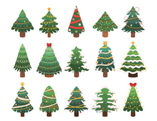 Set of Christmas Trees, Isolated Pines Collection for Greeting Card, Invitation. Decorated New Year and Xmas Plants