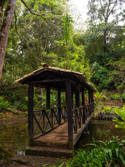 Small Roofed Wooden Bridge Across a Lagoon