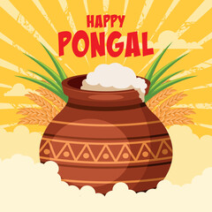 Happy Pongal harvest festival celebration card with traditional clay pot, sugar cane leaves and wheat with cloud background