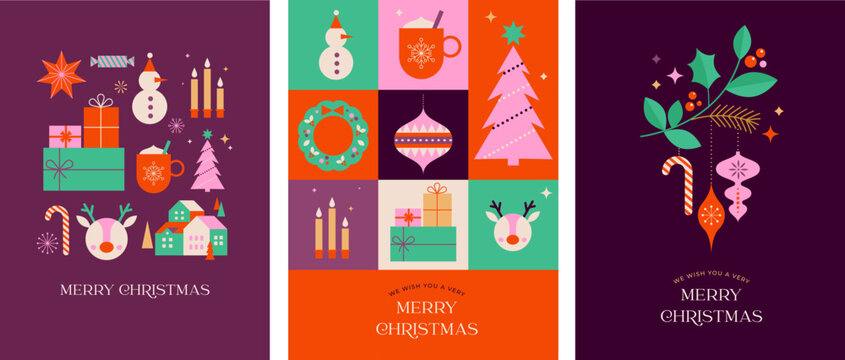 Merry Christmas modern design, holiday gifts, winter elements, candles, Christmas tree, village and Xmas decorations. Colorful vector illustration in flat geometric cartoon style