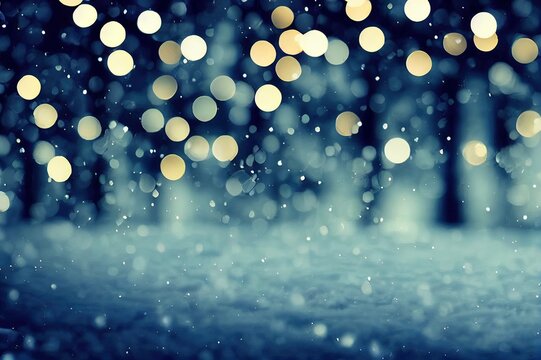 SNOW AND BOKEH LIGHTS BACKGROUND, BLUE WINTER BACKDROP