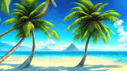 Fototapeta na wymiar Sunny beach on the sea, tall palm trees, horizon. Fantasy seascape with palm trees, sand, blue sky. The perfect place, vacation, island. unreal world.