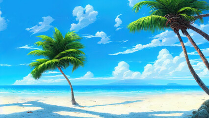 Sunny beach on the sea, tall palm trees, horizon. Fantasy seascape with palm trees, sand, blue sky. The perfect place, vacation, island. unreal world.