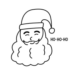 Santa Claus head doodle clipart. Santa Claus smile and say ho ho ho. Contoured face of an old man in a hat with a beard. Happy new year and Merry Christmas. Hand drawn outline vector illustration.