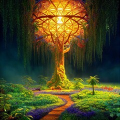 Tree of Life with Intricate, Radiant Heart - obrazy, fototapety, plakaty