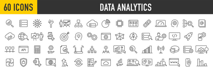 Fototapeta na wymiar Set of 60 Data Analysis web icons in line style. Graphs, Analysis, Big Data processing, growth, statistics, analytics, chart, research network collection. Vector illustration.