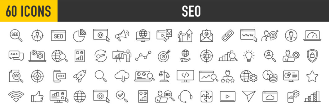Set of 60 SEO web icons in line style. Contact, target, business and marketing, traffic, ranking, optimization, website collection. Vector illustration.