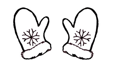 Black and white Illustration of Christmas mittens with snowflakes isolated on white background