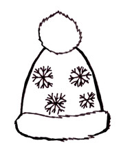Black and white Illustration of Christmas hat with a pompon isolated on white background