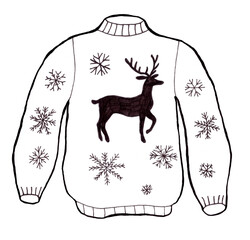 Black and white Illustration of Christmas sweater with a deer isolated on white background