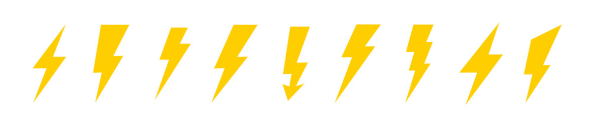 Lightning icons set. Thunder and Bolt. Flash icon. Lightning bolt. Black and yellow silhouette. Vector Illustration.
