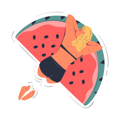 Woman Character Floating on Watermelon Air Mattress in Swimming Pool Vector Illustration