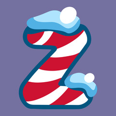 christmas winter letter Z with red white lolipop ornament and snow, dark blue backdrop, doodle