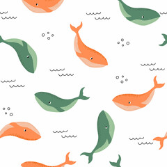 Vector seamless pattern with whale.Underwater cartoon creatures.Marine background.Cute ocean pattern for fabric, childrens clothing,textiles,wrapping paper